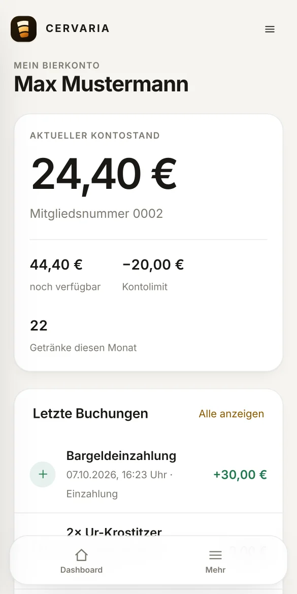 Getränkekonto eines Vereinsmitglieds mit Kontostand und allen Buchungen