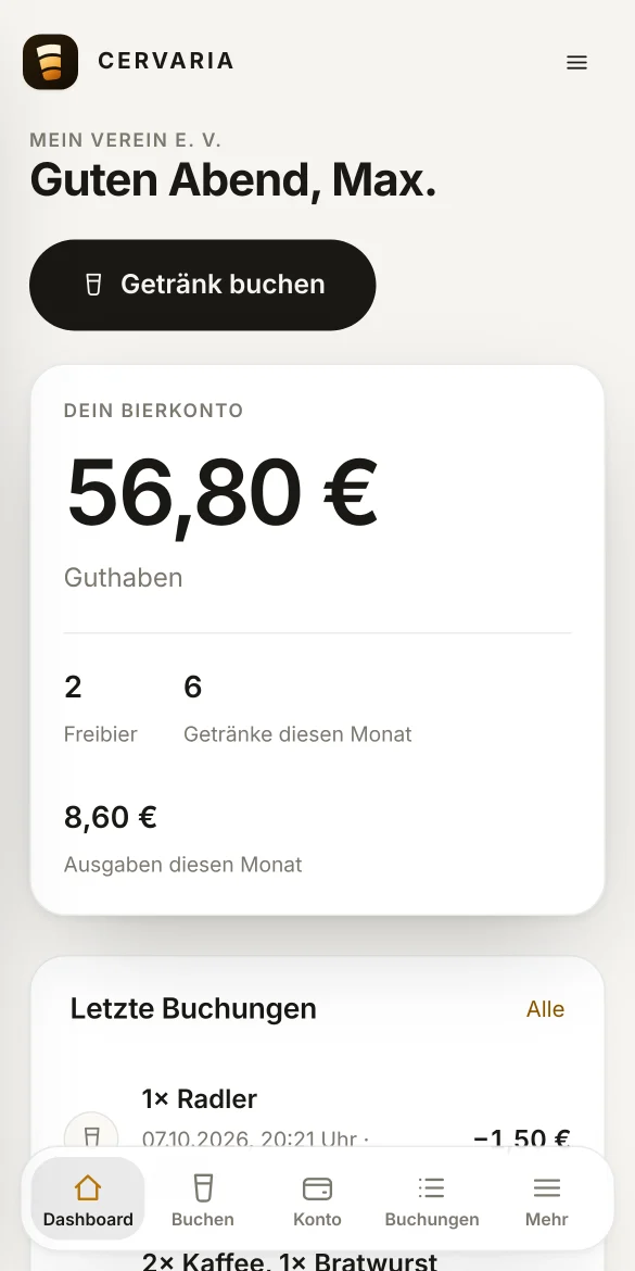 Mitgliederansicht auf dem Handy: Guthaben und letzte Getränkebuchungen