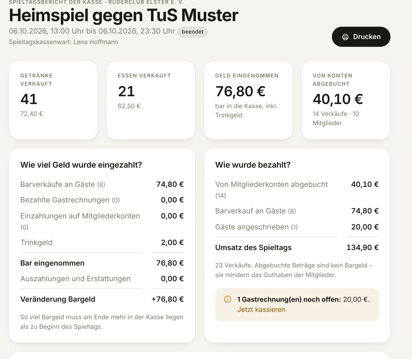 Bericht der Kasse nach einer Veranstaltung: verkaufte Getränke, Speisen und eingenommenes Geld