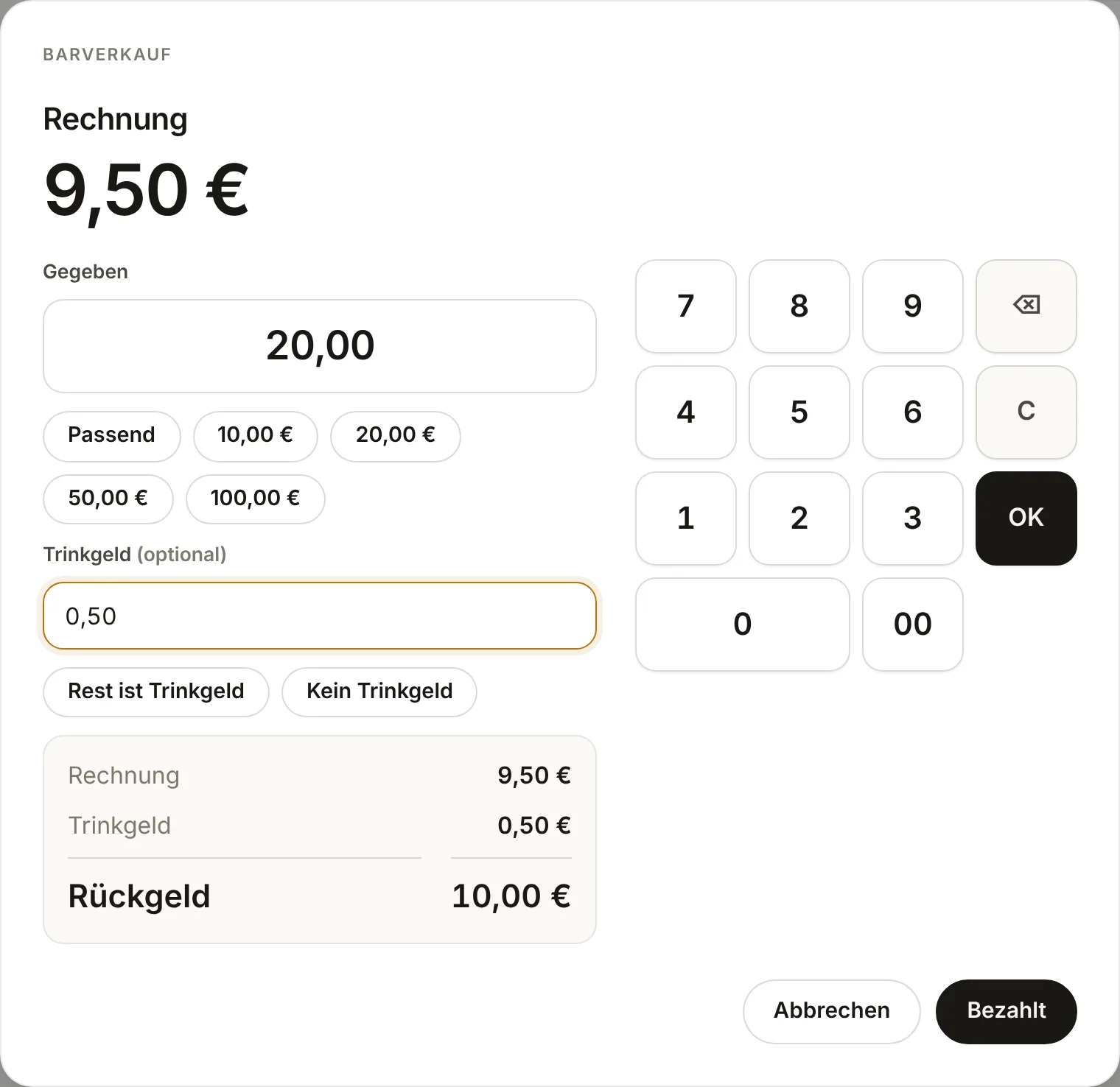 Barverkauf an Gäste: Bezahldialog mit Zahlenfeld, Rückgeld und Trinkgeld